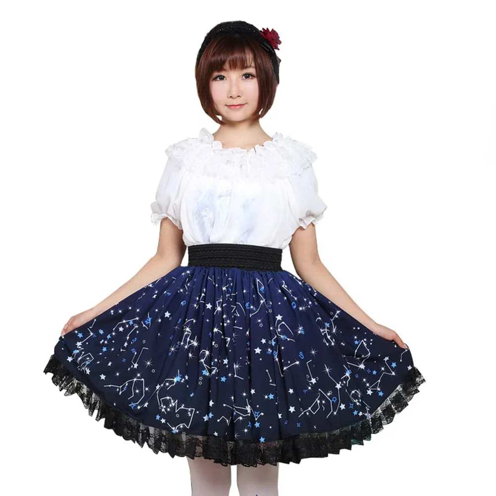 

Kawaii Sweet Girl Deep Blue Polyester Constellations Printed Lace Kawaii Lolita Skirt