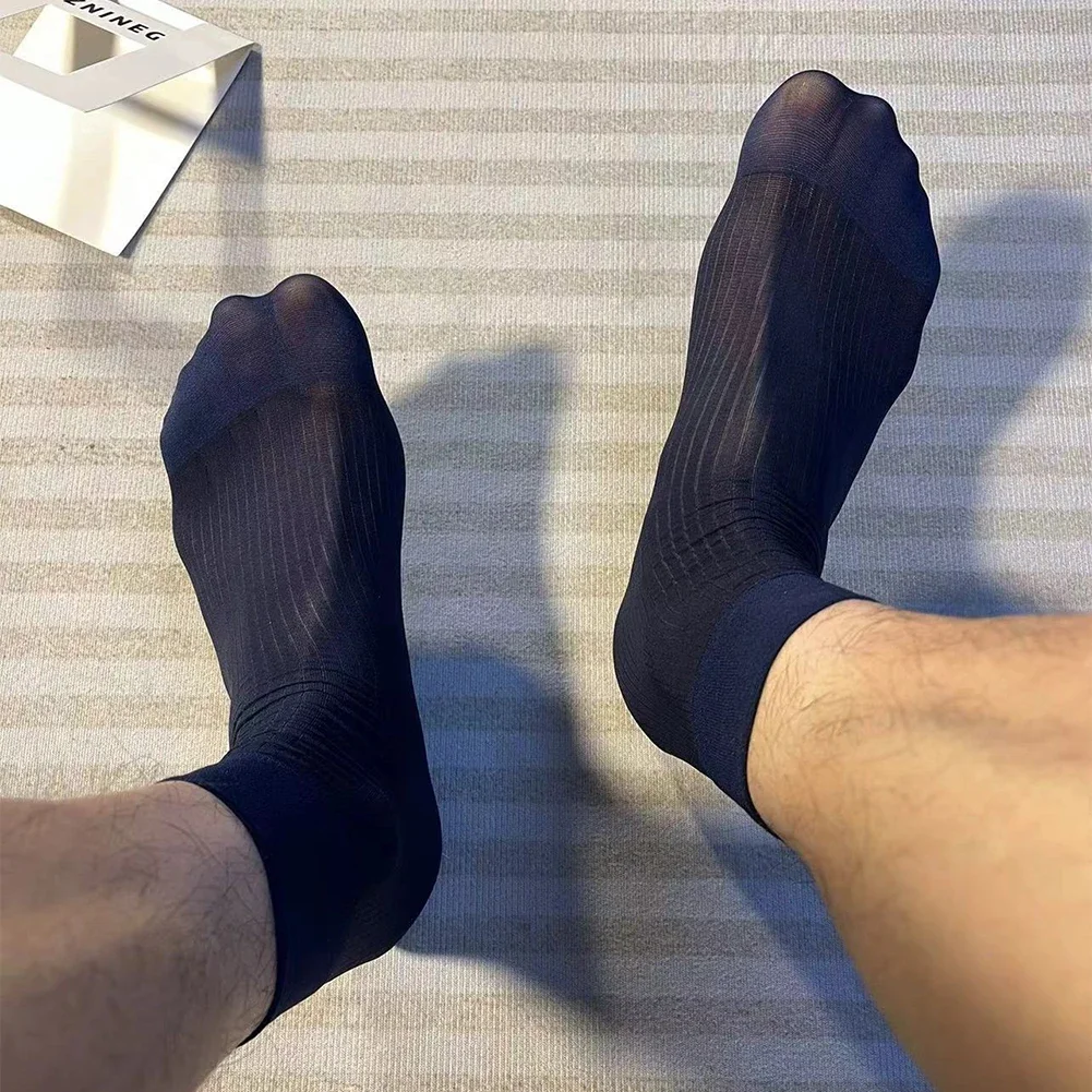 

1 Pair Men's Sexy Striped Silky Sock Summer Ultra Thin Stockings Casual Business Formal Dress Elastic Man Socks