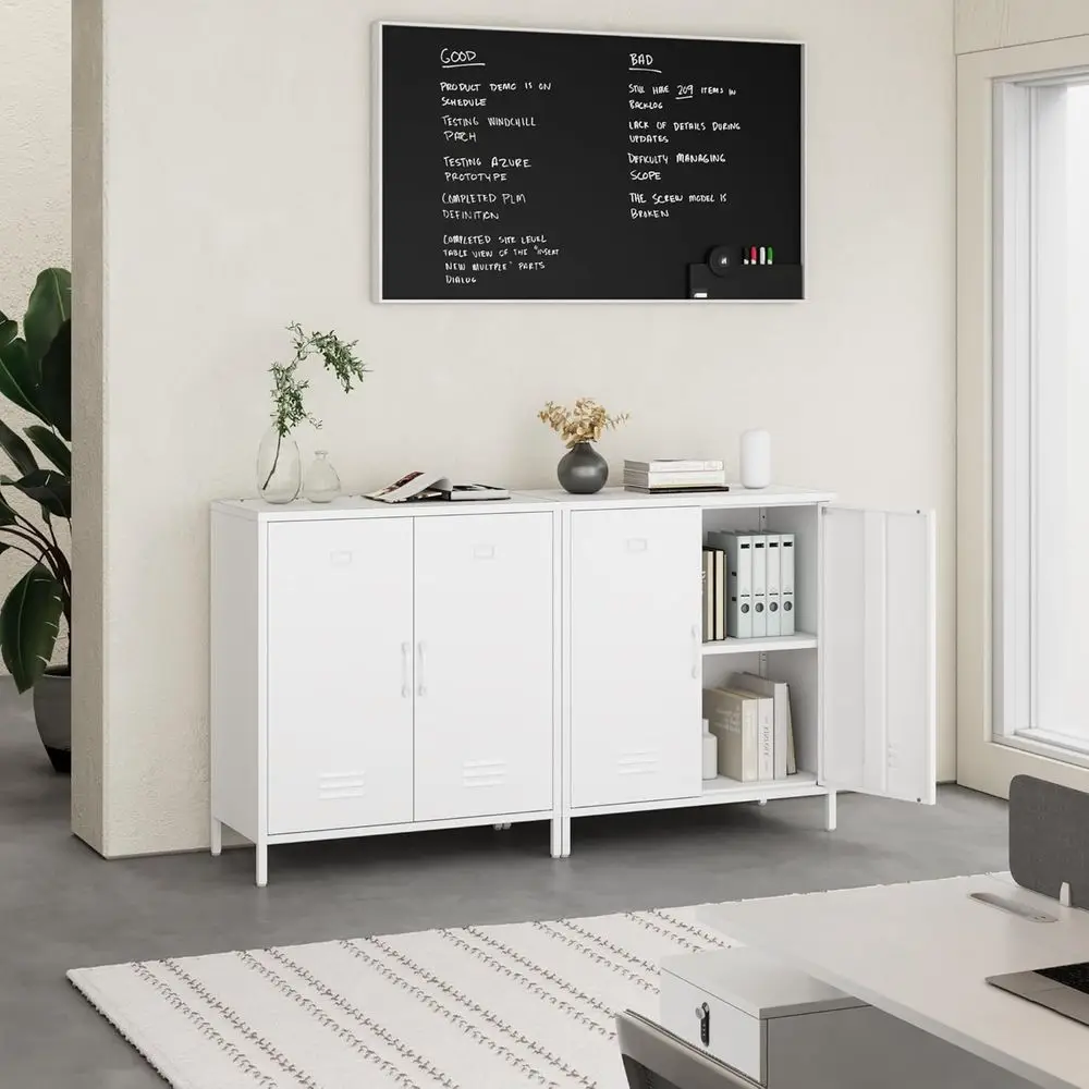 White Steel 2-Door Metal Storage Cabinet Buffet Table for Home/Office, H 35.43