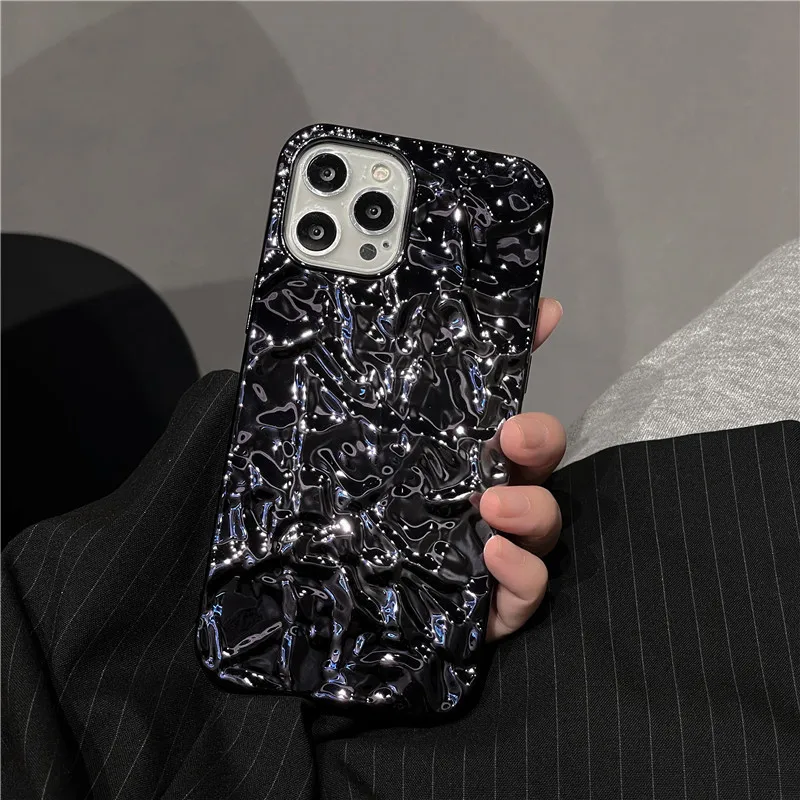 Luxury Silver Tin Foil Pleats Phone Case For iPhone 13 Pro Max 14 11 12 Pro Max XR XS 16 15promax Plus 14pro Soft Silicone Cover