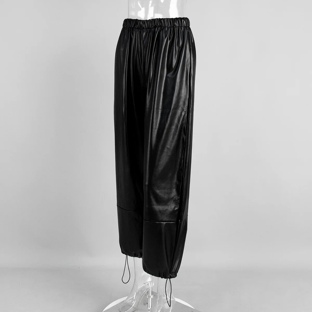 

Women's Low-waisted Leggings Solid Color Loose Casual Imitation Leather Trousers Drawstring Splicing Pocket Wide Leg Trousers
