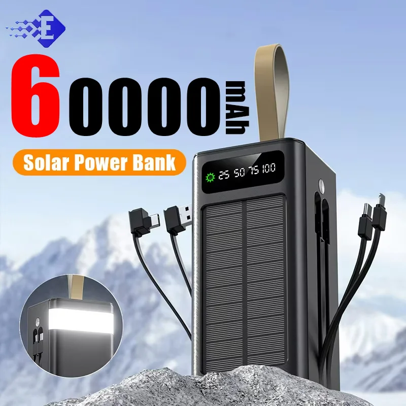 50000/60000mAh Solar Charging Bank Thickened Large Capacity External Battery Outdoor Travel LED Light Mobile Phone Charging Bank