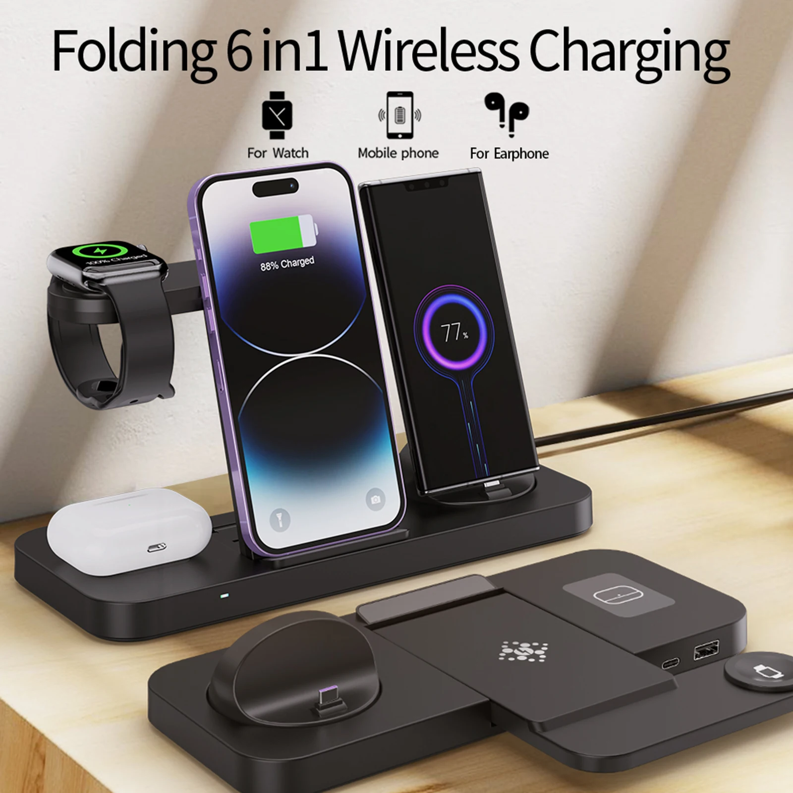 6-in-1 Foldable Wireless Charger Stand Fast Magnetic Charging Stand Dock for IPhone17/16/15  Watch Ultra/AirPods Pro