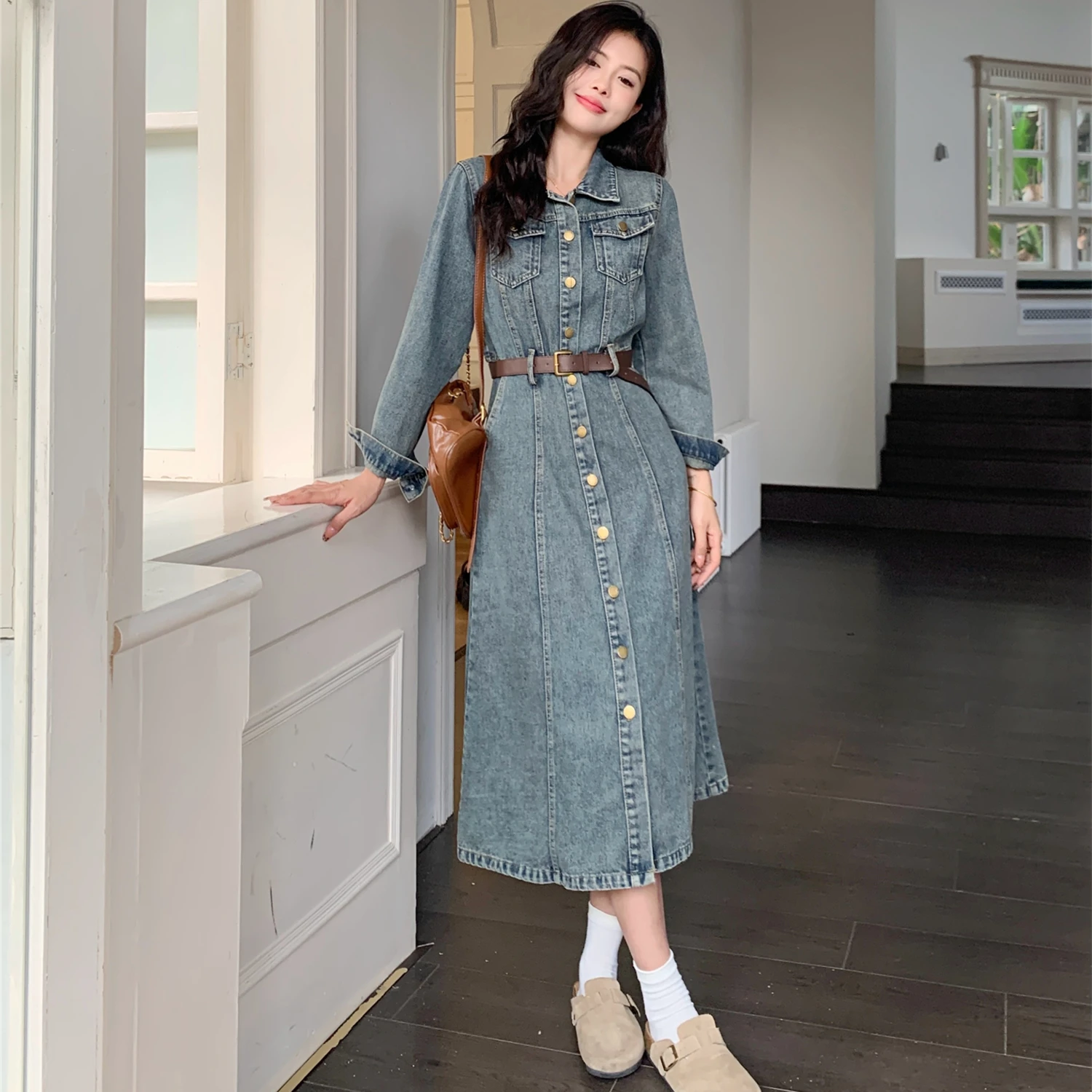 Plus Size Women's Clothing for 2025 Spring Autumn Vintage Denim Dresses Loose Maxi Dress Jeans Lady Vestidos Female Robe KE9195