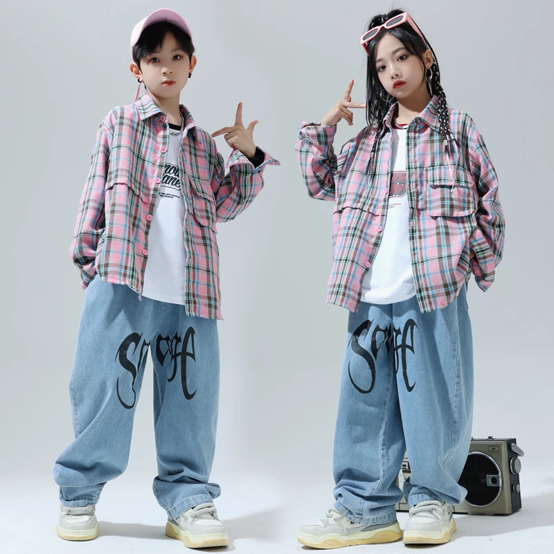 Boys Hip Hop Clothing Pink Plaid Shirt Denim Pants Girls Street Dance Clothes Kids Streetwear Child Jazz Showing Kpop Outfits