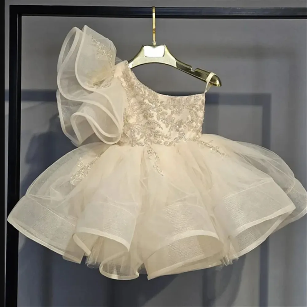 럭셔리 스팽글 플라워 걸 드레스 웨딩용 민소매 원숄더 퍼프 프린세스 생일 파티 무대 공연 볼 가운