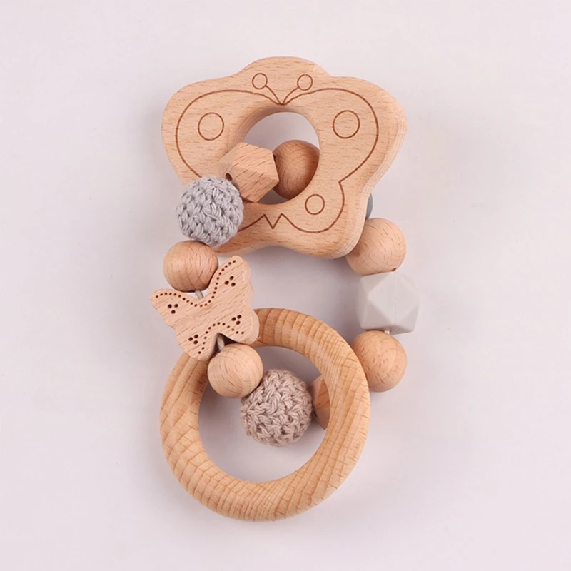 3 Pcs Baby Rattle Wooden Crochet Elephant Bells Music Teething Bracelet Pacifier Montessori Teething Rings Baby Gift