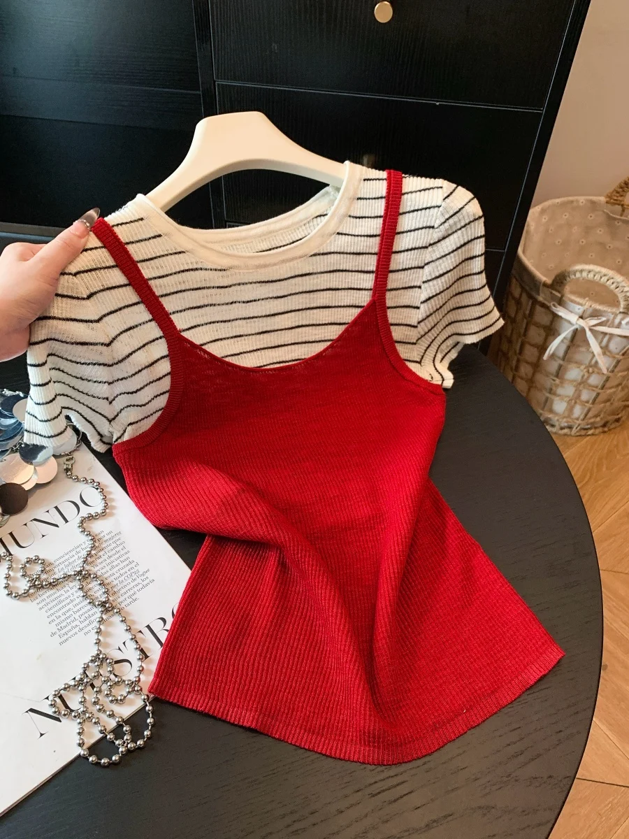 

Korean Style Summer Short Sleeve Knitted Shirt Women's Slim Fit Shoulder Padded Stripe Pattern Two-Piece Look Casual Top