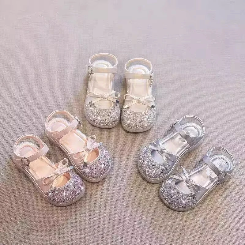 Kids'Casual Shoes Sandals Bow Sequin Princess PU Leather Summer Shoes For Hook and Loop Girls Beige Pink Shoes Size 23-35