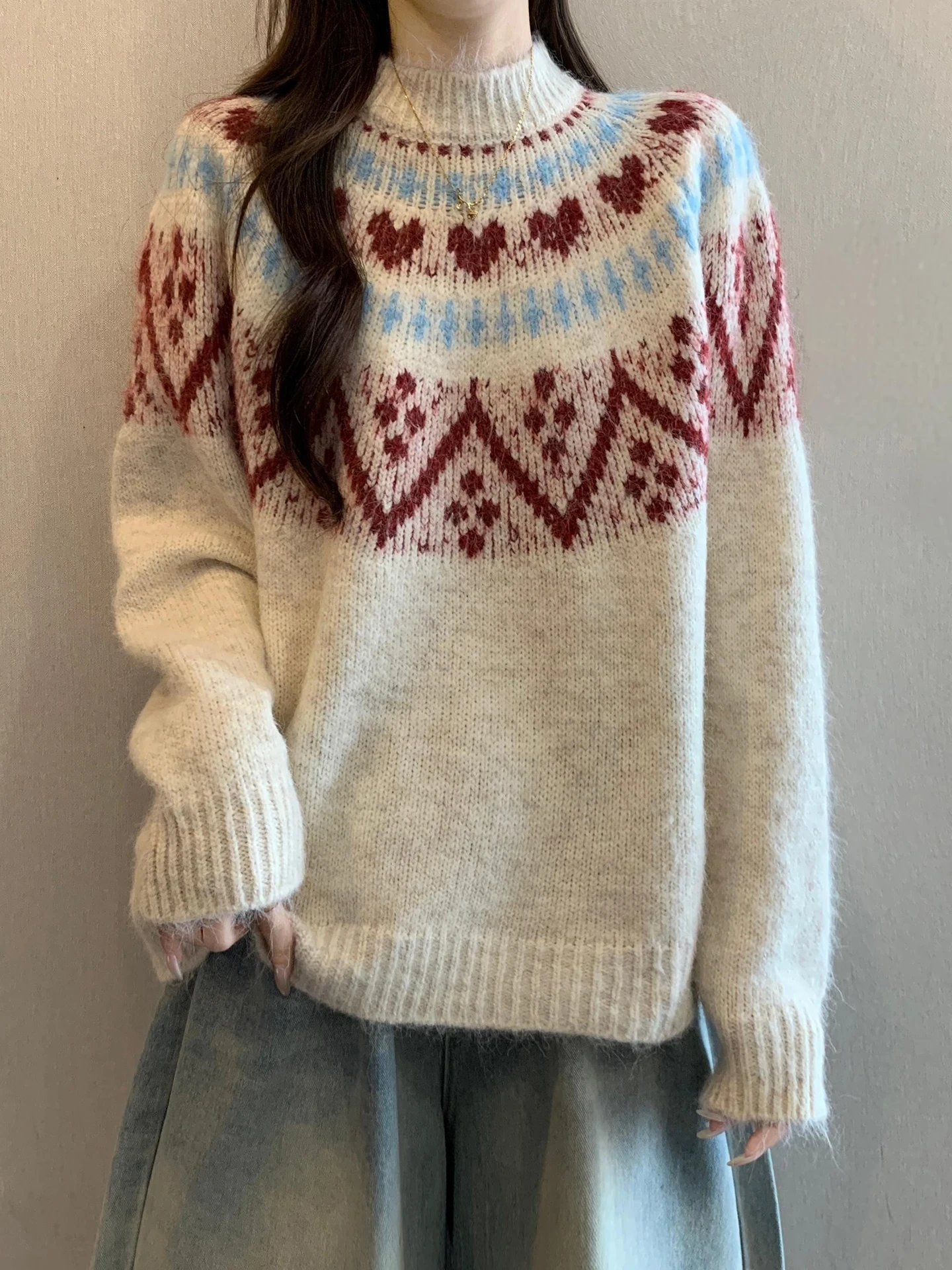 

Women's Autumn Winter Knitted Sweater f High Collar Fair Isle Embroidery Large Size Soft Cozy Base Layer Top