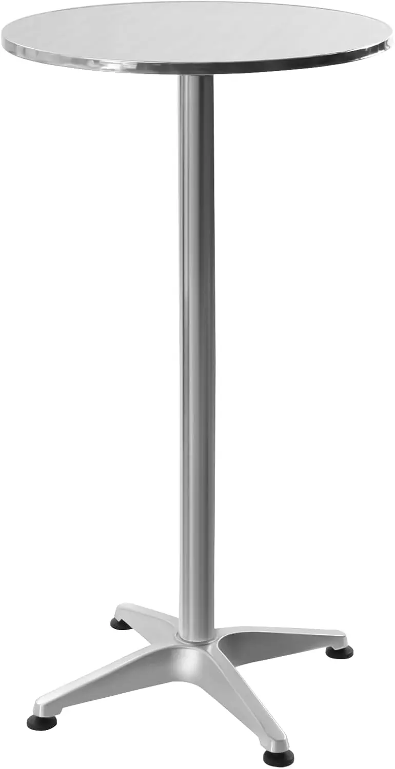 Round Pub Table With Stainless Steel Tabletop, Round Indoor-Outdoor Table With Base For Dining Bistro Cafe Home Bar, 23.6-Inch