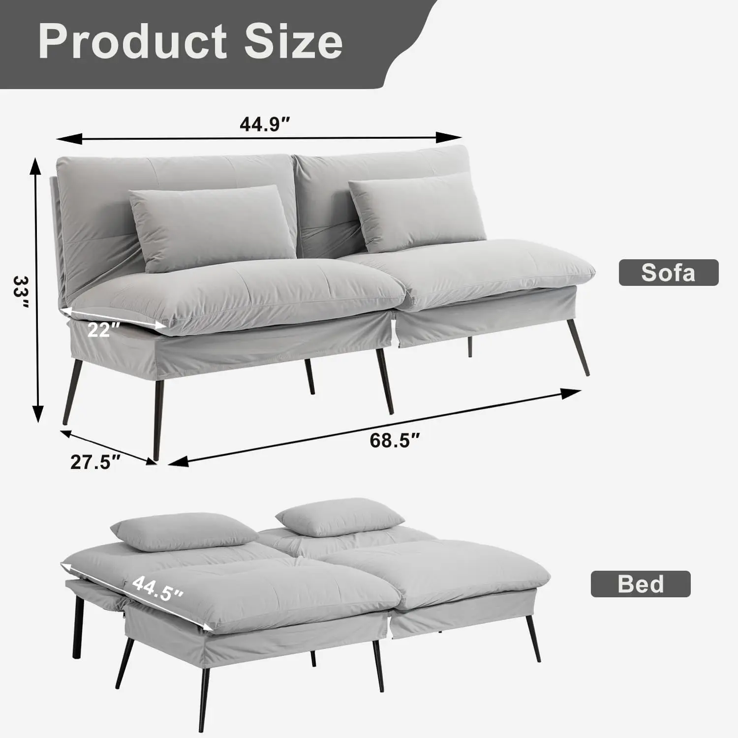 Multi-Functional Convertible Sofa Bed, Futon Couch with Adjustable Backrest, Fabric Sleeper for Guests, Loveseat Guest Bed
