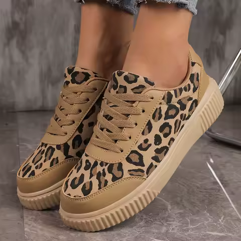 Women's Sneakers Leopard Print Casual Shoes Fashion Outdoor Vulcanized Shoes Canvas Running Shoe Lace-up Platform Women Shoes