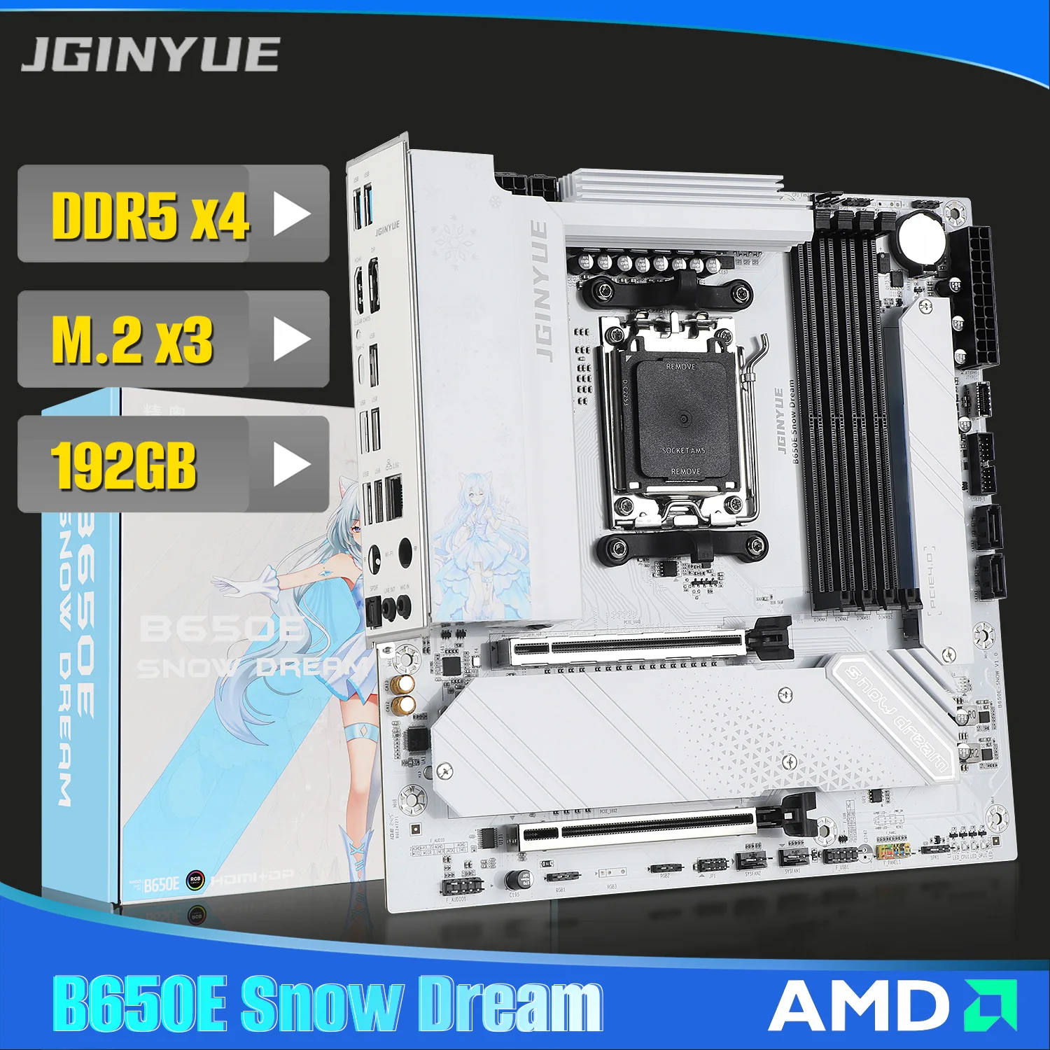

JINGYUE B650E SNOW DREAM Gaming Motherboard AMD AM5 Socket 192GB DDR5 3 M.2 Heat Sink withwith ARGB Sync HDMI DP Type-C