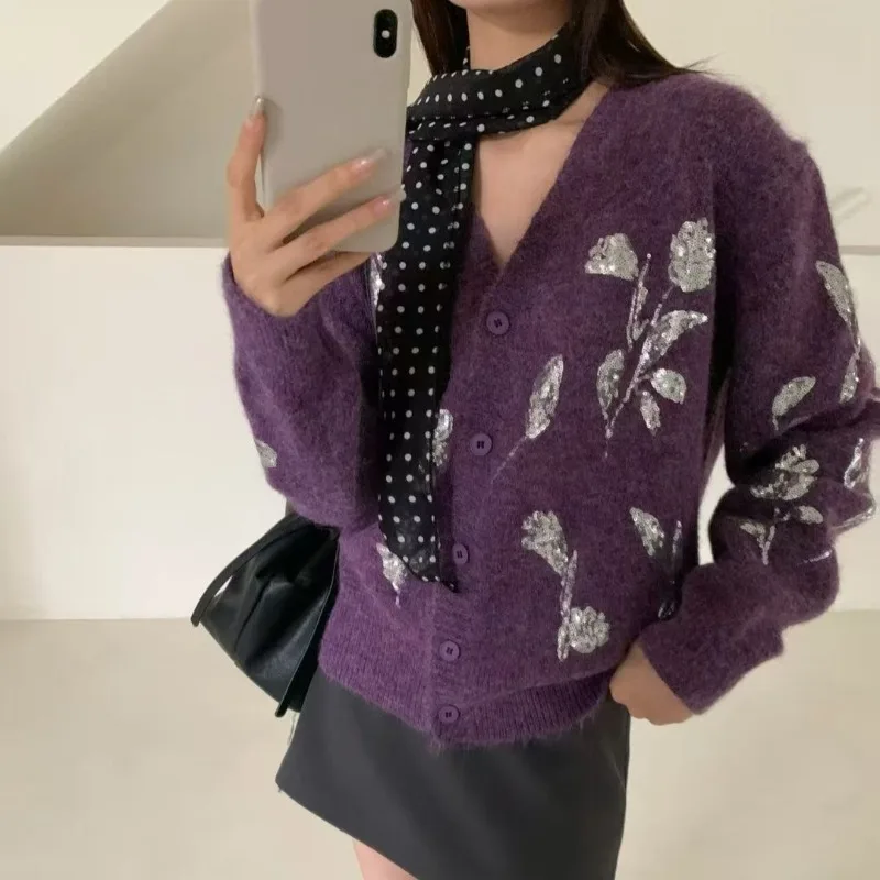 

2025 New Korean Fashion Rose Floral Sequins Knitted cardigan Women Round Neck Long Sleeve Soft Loose Pullovers Sweaters Jumpers