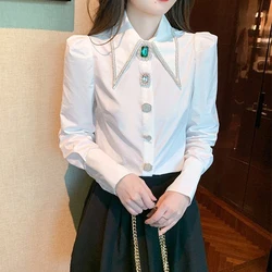 여성을위한 패션 크리스탈 버튼 화이트 셔츠 한국어 샤프 코너 칼라 긴 소매 블라우스 우아한 기질 Office Blusas