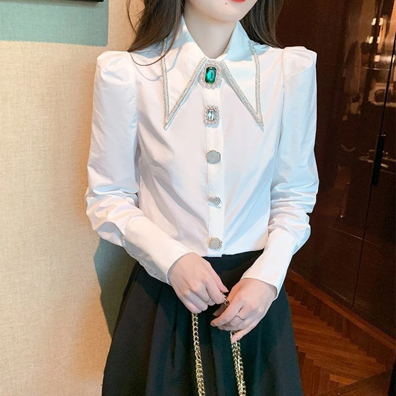 Fashion Crystal Button White Shirts for Women Korean Sharp Corner Collar Long sleeve Blouse Elegant Temperament Office Blusas