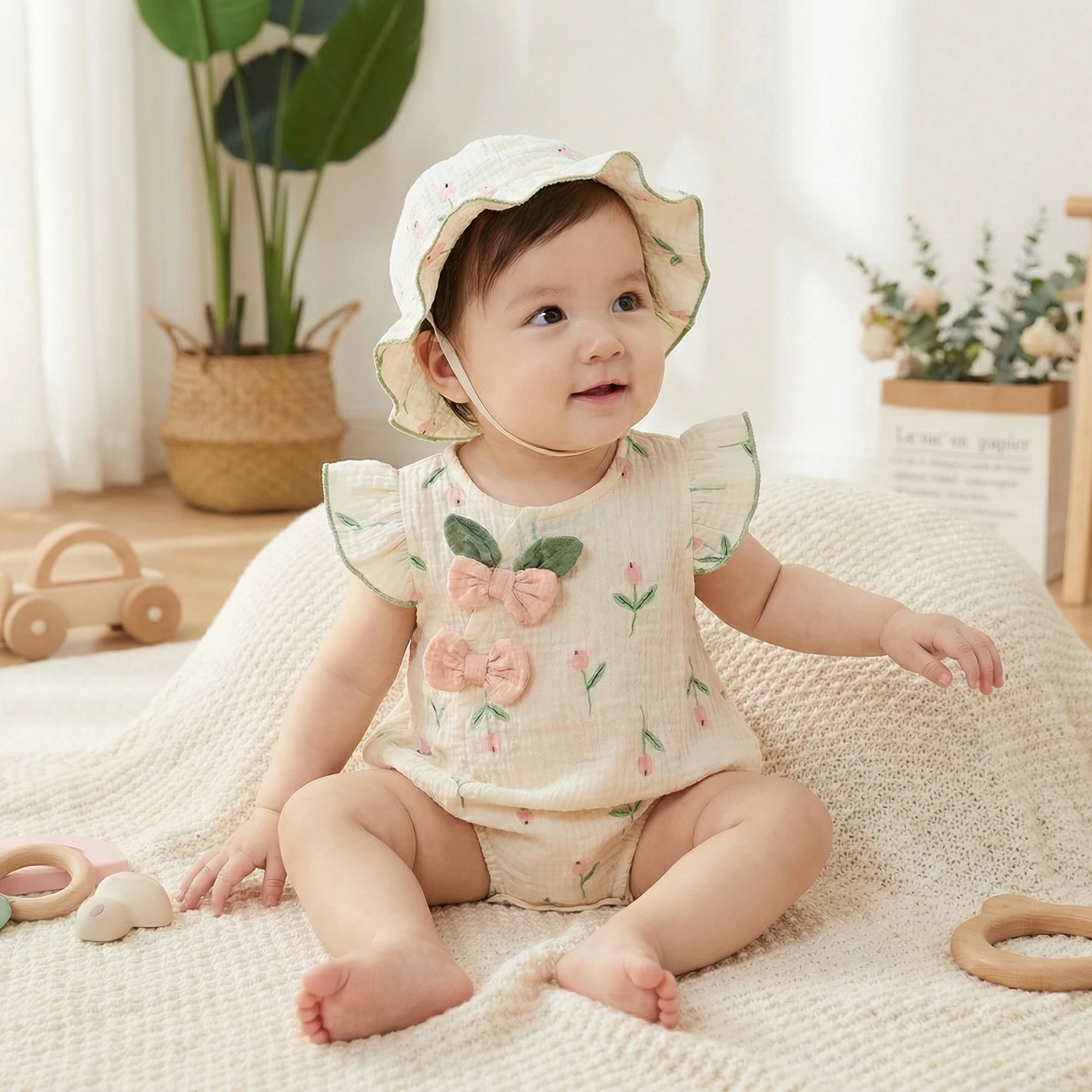 3M-2T Summer Sweet Style Baby Girls Bodysuit Tulip Print Ruffle Sleeve One Piece Clothes Wrap Front Infant Romper With Bonnet