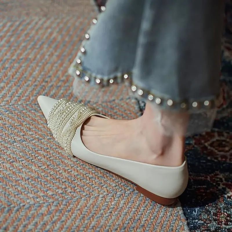 Elegant String bead ballerina women shoes sneakers shallow slip on loafers woman flats sweet pointed toe pearl moccasins 2024
