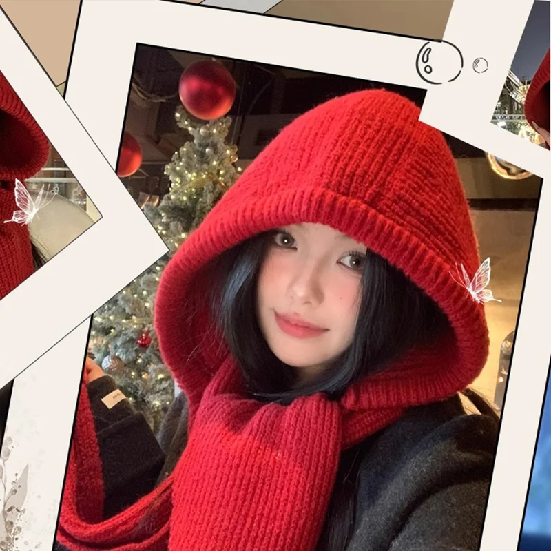 الأحمر بالاكلافا محبوك قبعة للنساء شتاء دافئ وشاح هود قناع كامل واقي الوجه قبعة يندبروف قناع للتزلج الطقس البارد وشاح قبعة