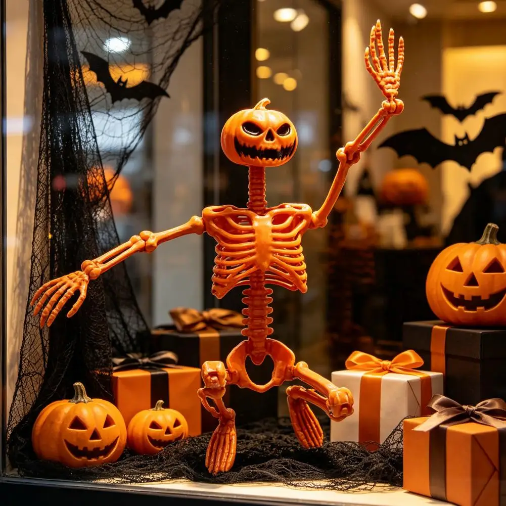 Doorway Hanger 40cm Pumpkin Head Skeleton Figurine with Movable Joints Hanging Lanyard Halloween Decoration Spooky for Party