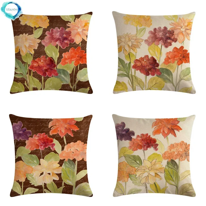 

Ink Watercolor Flower Print Cotton Linen Decorative Cushion Cover Pillowcase Home Sofa Square Pillow Cover Bedroom Car Decor