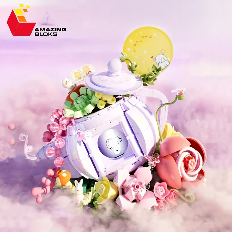 575PCS Flower Bouquet Teapot Building Blocks With Light Succulent Potted Assembly Bricks Home Decoration Children Christmas Gift