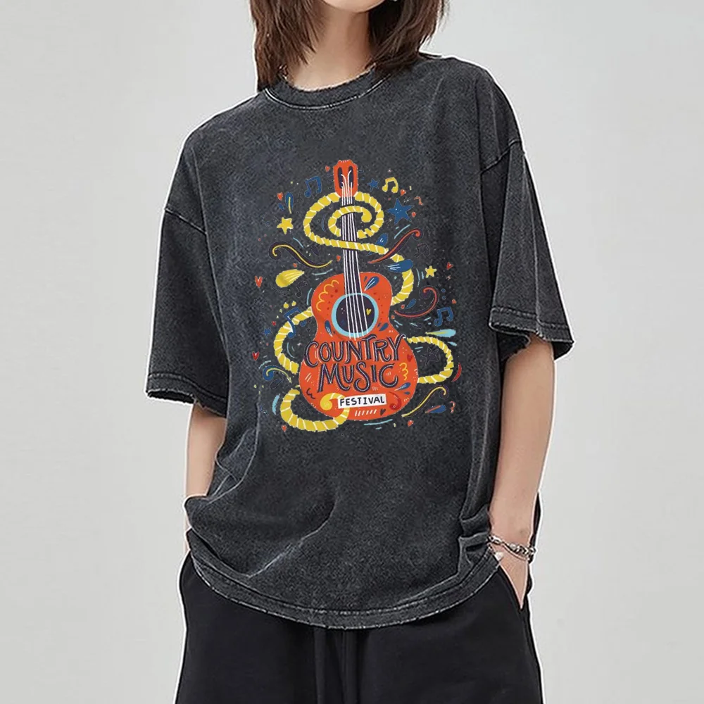 Unisex Fun Cartoon Guitar Letter Printed T Shirt Retro Washed Short Sleeved T-Shirt Retro Washed 100% Cotton Tops Tees