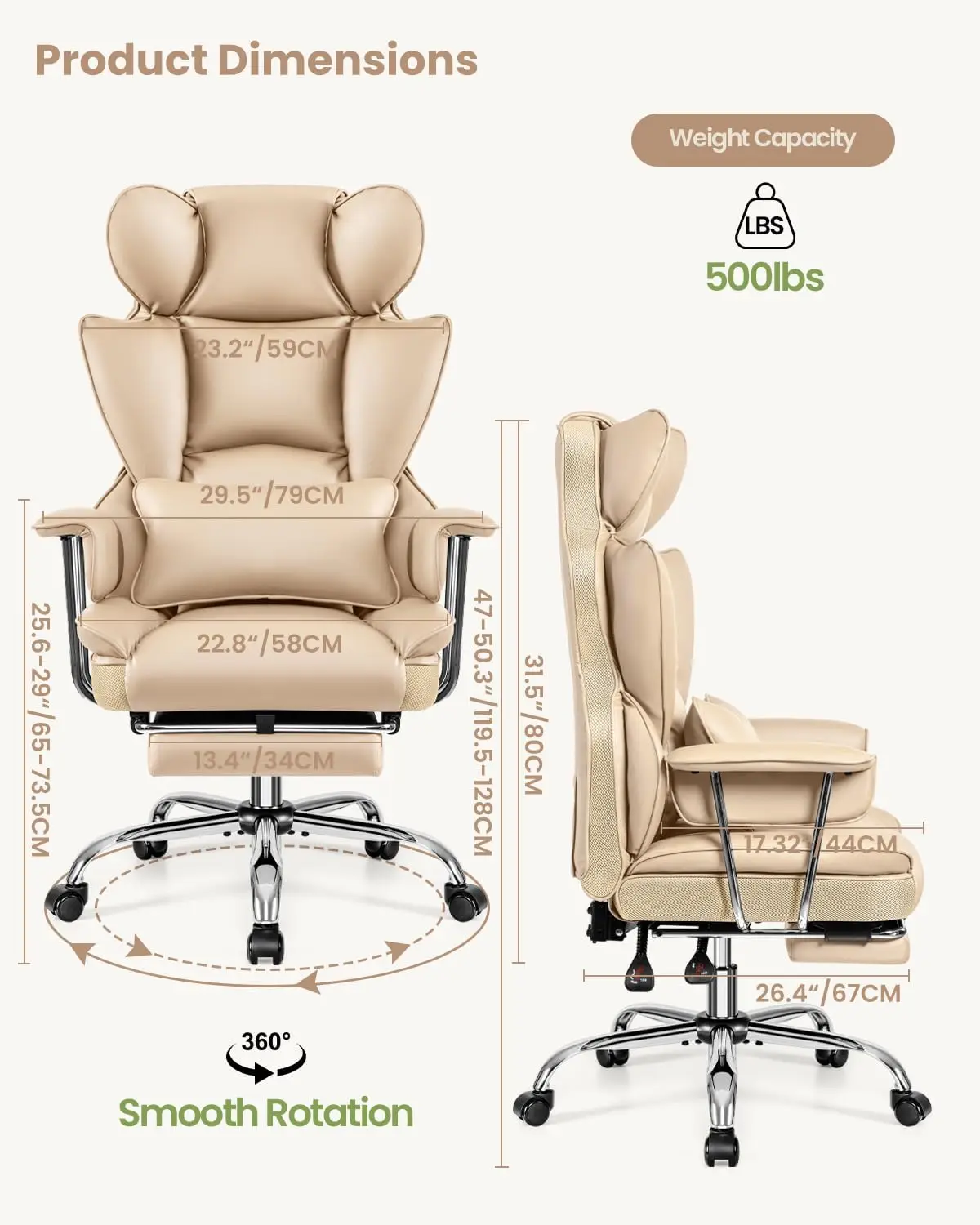 Silla de oficina ejecutiva grande y alta con reposapiés: silla ergonómica reclinable de cuero, respaldo alto con soporte lumbar, grande