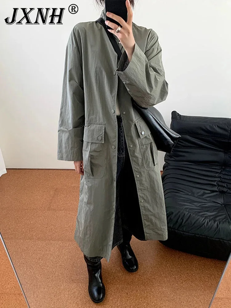 

Green Pockets Casual Trench Women New Stand Collar Long Sleeve Loose Fit Windbreaker Fashion Tide Spring Autumn 2024