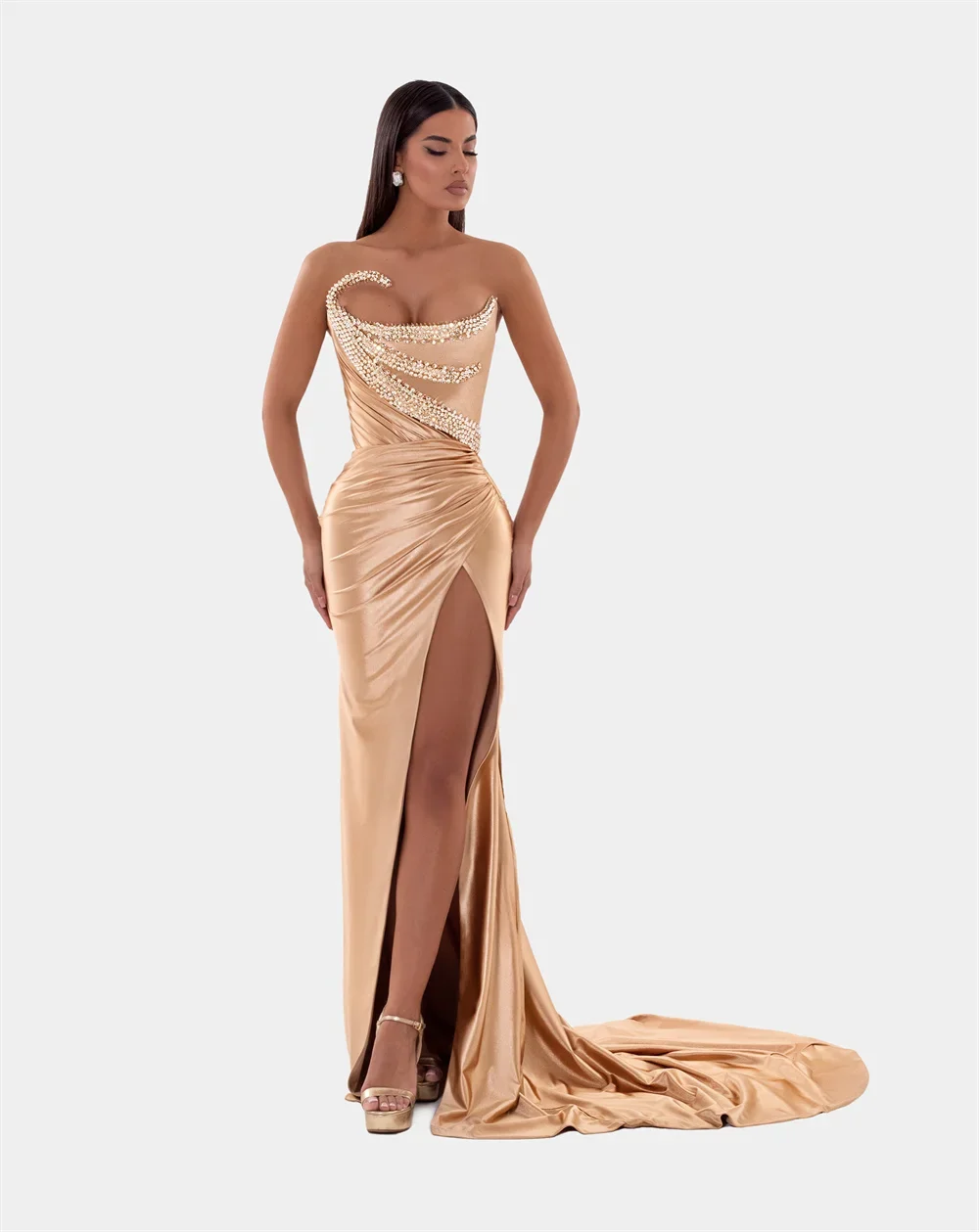 

Dubai Champagne Gold Strapless Glitter Prom Dresses Side High Split Customized فساتين سهرات Mermaid robes de soirée
