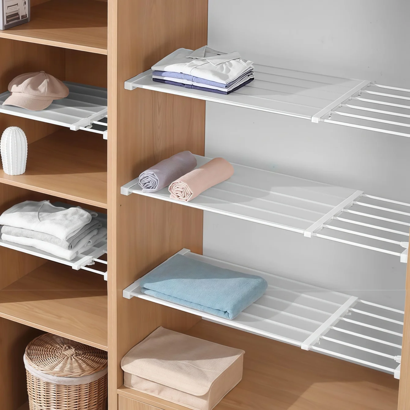 Closet Tension Shelf & Rod Expandable Metal Storage Rack Adjustable Organizer DIY Divider Separator for Cabinet Kitchen Bathroom