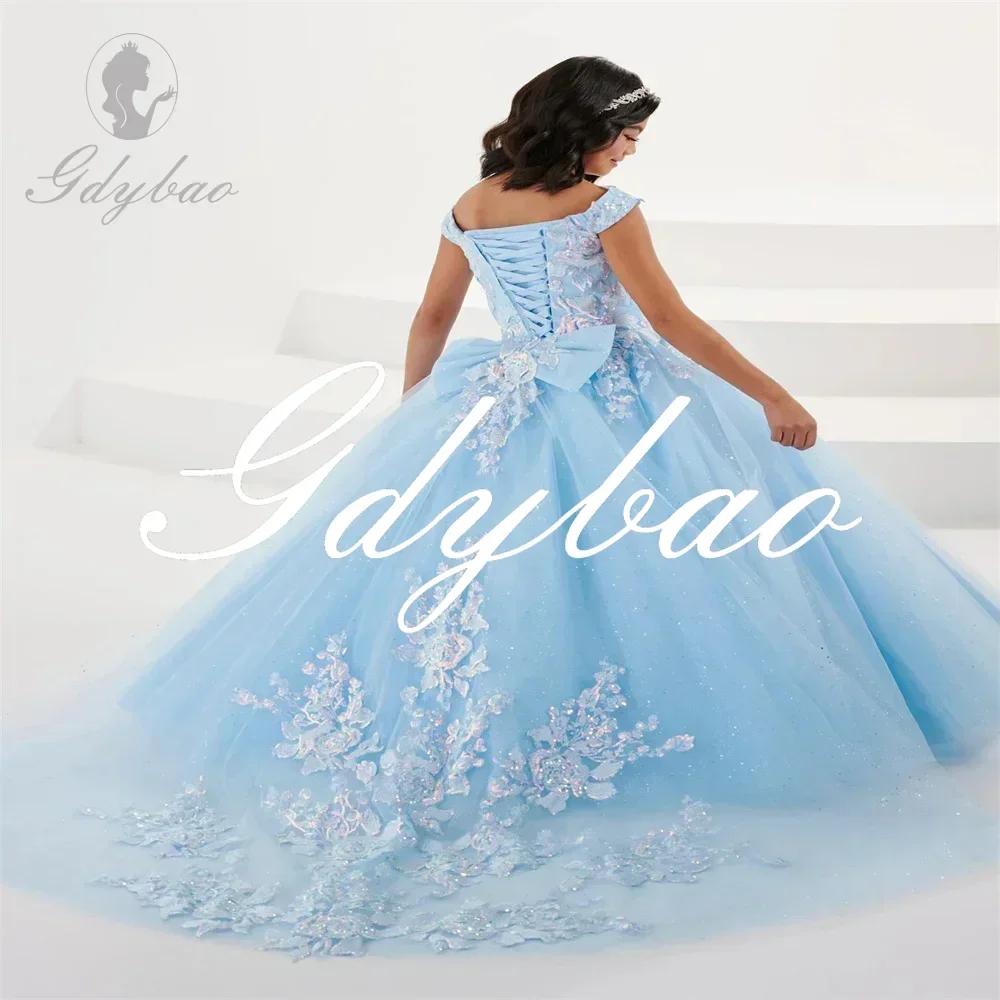 

Blue Applique Flower Girl Dresses for Wedding Lace Tulle Sequin Puffy Flat Collar Elegant Kids First Holy Communion Ball Gown