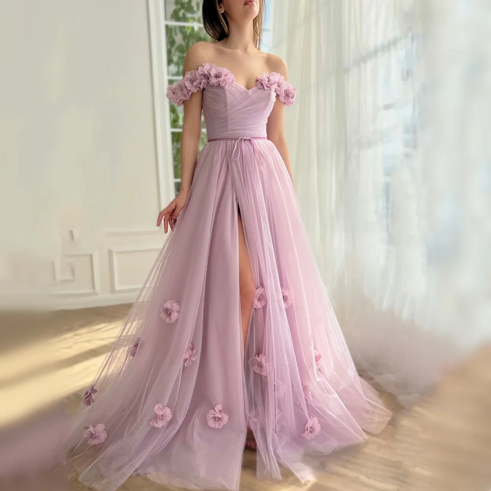 

New Pink Evening Birthday Dresses 2023 Off the Shoulder 3D Flowers Sweet Side Split Pageant Prom Gowns Robe De Soiree Vestidos