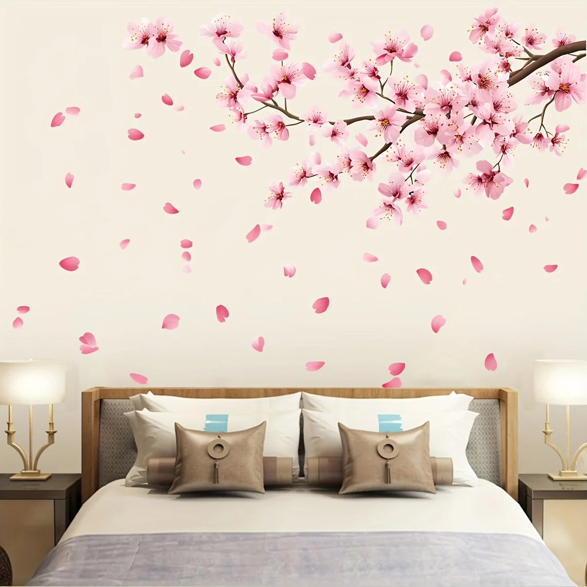 Pegatinas de pared de árbol de flor de cerezo grande para dormitorio, sala de estar, rama de Sakura, hojas naturales, calcomanías de pared, decoración del hogar
