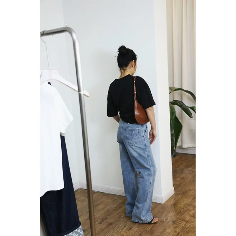 Pocket Embroidery Retro Frayed Straight Trousers Simple Washed Denim Trousers