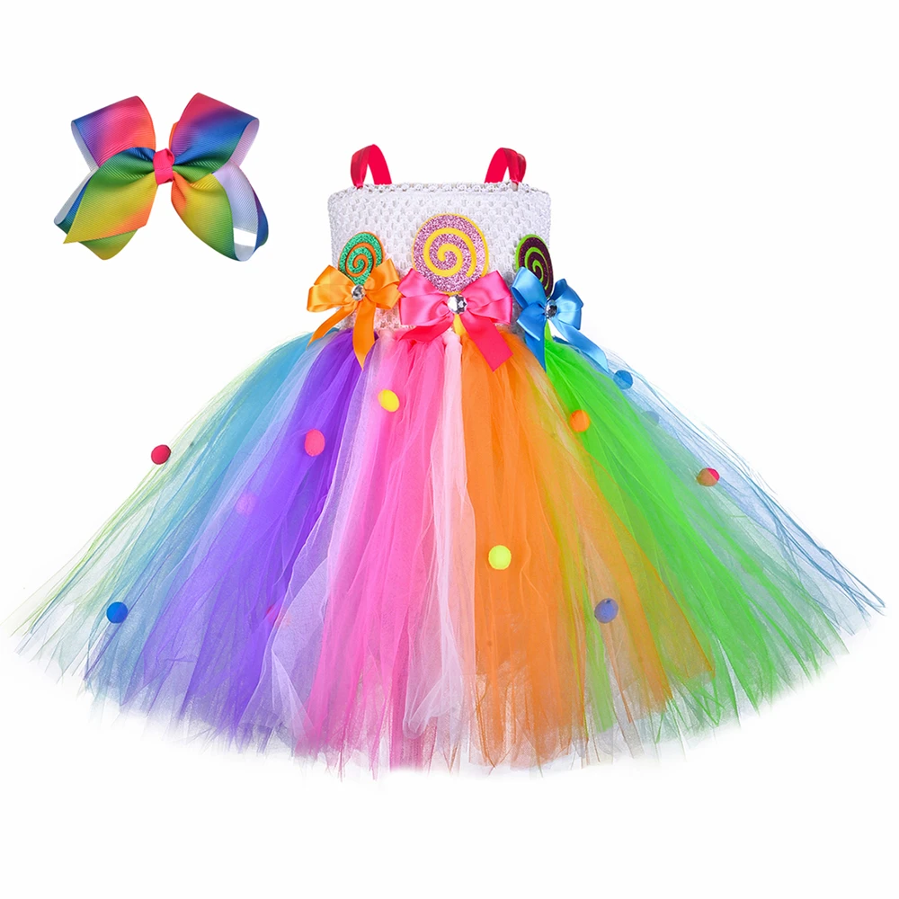 Candy Tutu Dress for Girls Halloween Carnival Purim Candyland Lollipop Costume Kids Birthday Party Rainbow Tulle Princess Dress