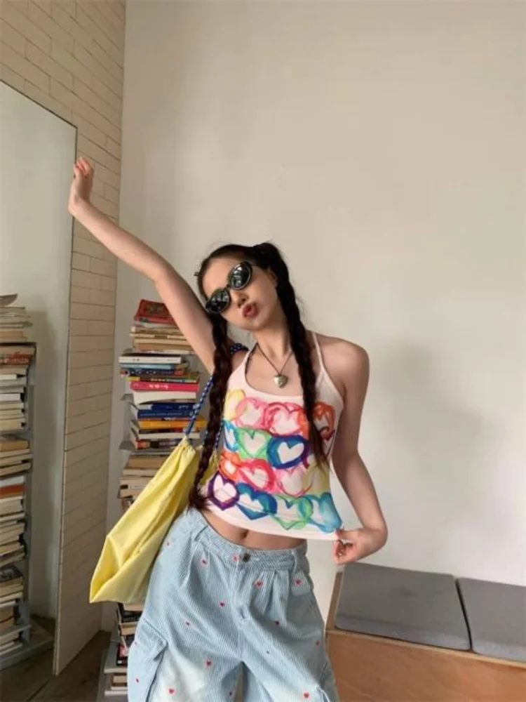 

Американский женский жилет с принтом в стиле ретро Y2K, летний универсальный утягивающий топ без рукавов с допамином тысячелетия