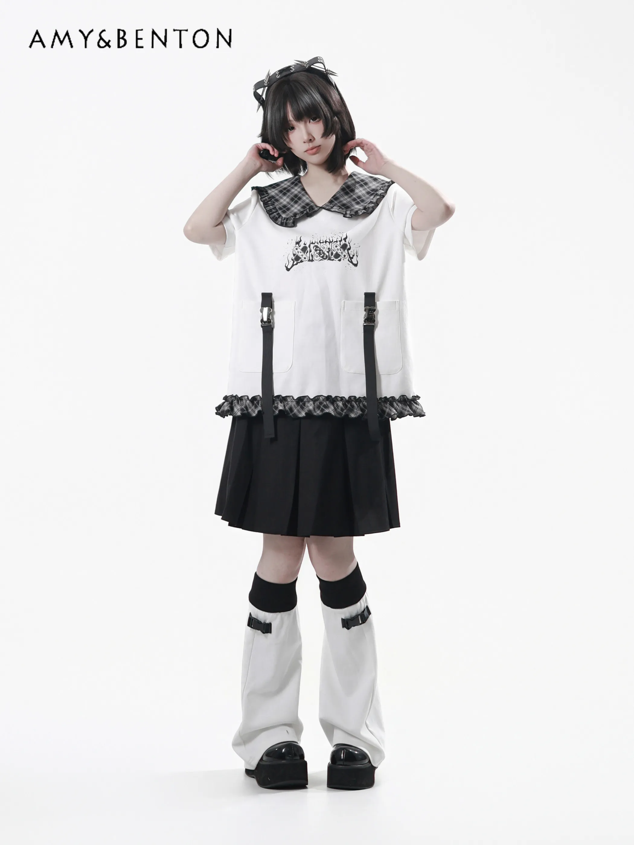 

Sweet Cool Girl's Plaid Patchwork Loose Slimming Casual Long-sleeve T-shirt Top Long Pants Street Harajuku Style Outfits Spring