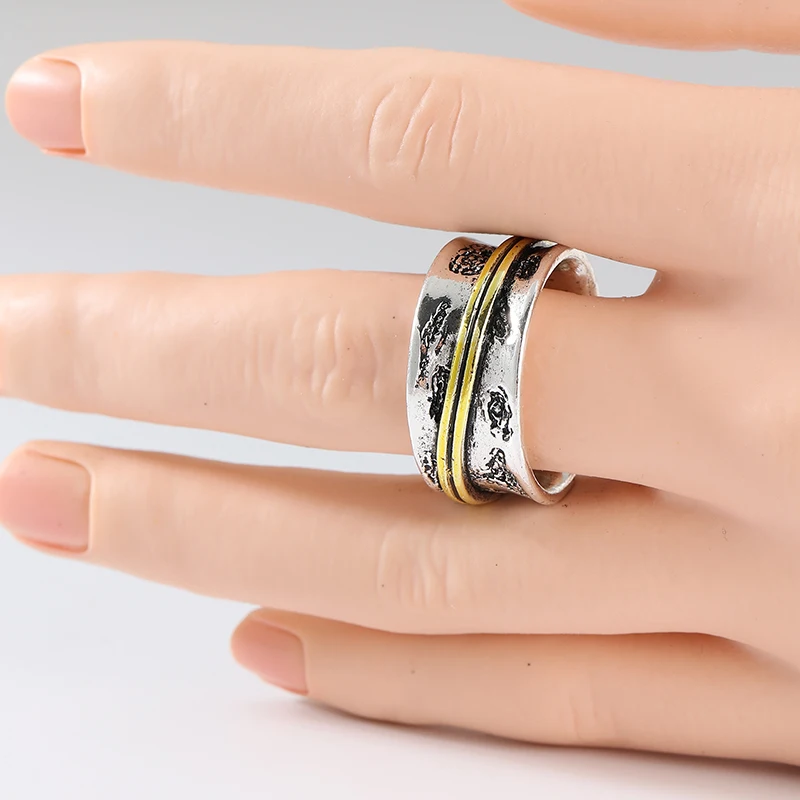 Handmade TwoTone Minimalist Spinner Ring Fashion Wide Band Ring for Women New Punk Hammered Cool Accessory