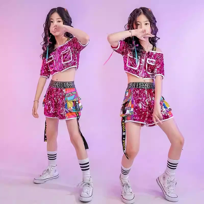 女の子ジャズダンス衣装子供ヒップホップストリートダンス棚ドラムパフォーマンス服ローズスパンコールトップスショートパンツセット