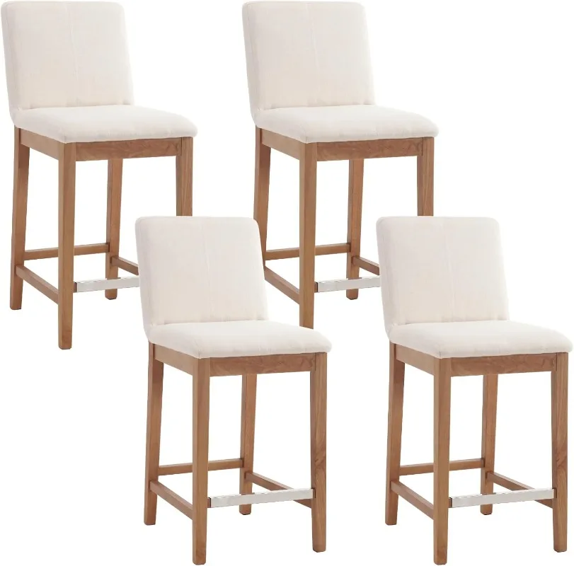 

Counter Height Bar Stools Set of 4 Linen Fabric Upholstered Kitchen Island Stools with Back 26 Inch Wood Barstool