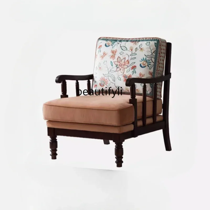 

pg45pg45American Retro Single Sofa Living Room Solid Wood Sofa Wingback Chair Flannel Lazy Fabric Chair