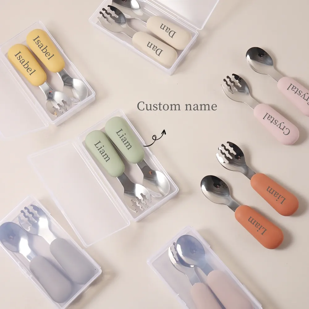 

Personalized Baby Spoons and Forks Set, Silicone Handle & 316 Stainless Steel, with Storage Case, Baby Led Weaning Weaning Self