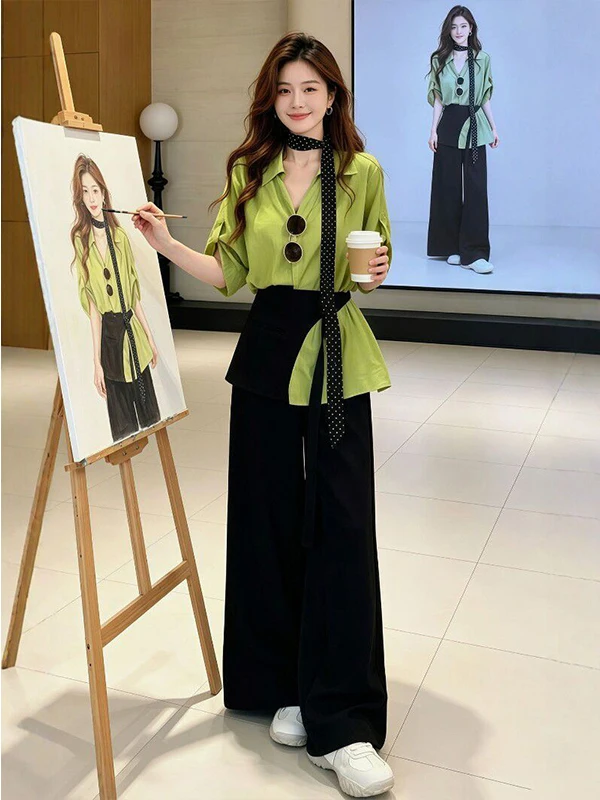 Elegant Casual Set Women's Early Autumn New Korean Version Mid-Sleeve Shirt Waist Belt Wide Leg Pants Two-Piece Set