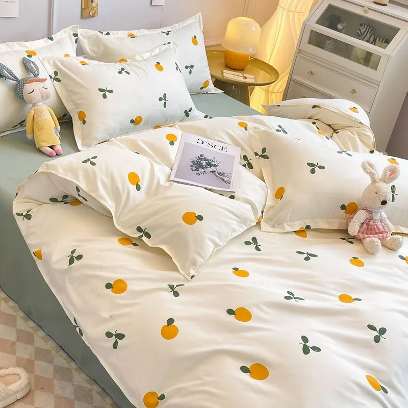 Ins Style Duvet Cover Set with Flat Sheet Pillowcases Cute Orange Cherry Crow Printed Girls Bedding Kit Double Queen King Size