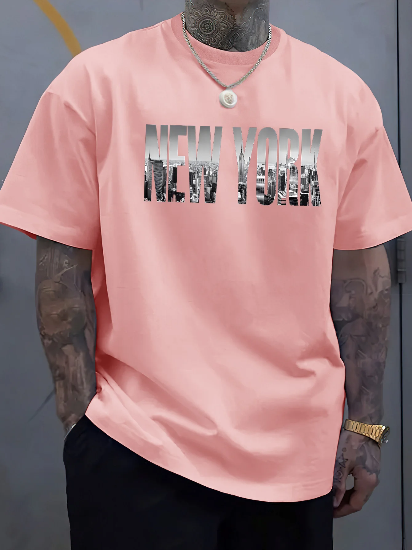 Summer men's 100% pure cotton casual loose fit plus size New York City pattern printed round neck short sleeved T-shirt top