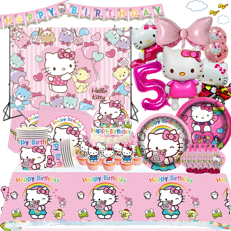 

New Hello kitty Birthday Party Supplies Cat Party Favors Tablewares Water Bottle Stickers Backpack Room Decor Bag