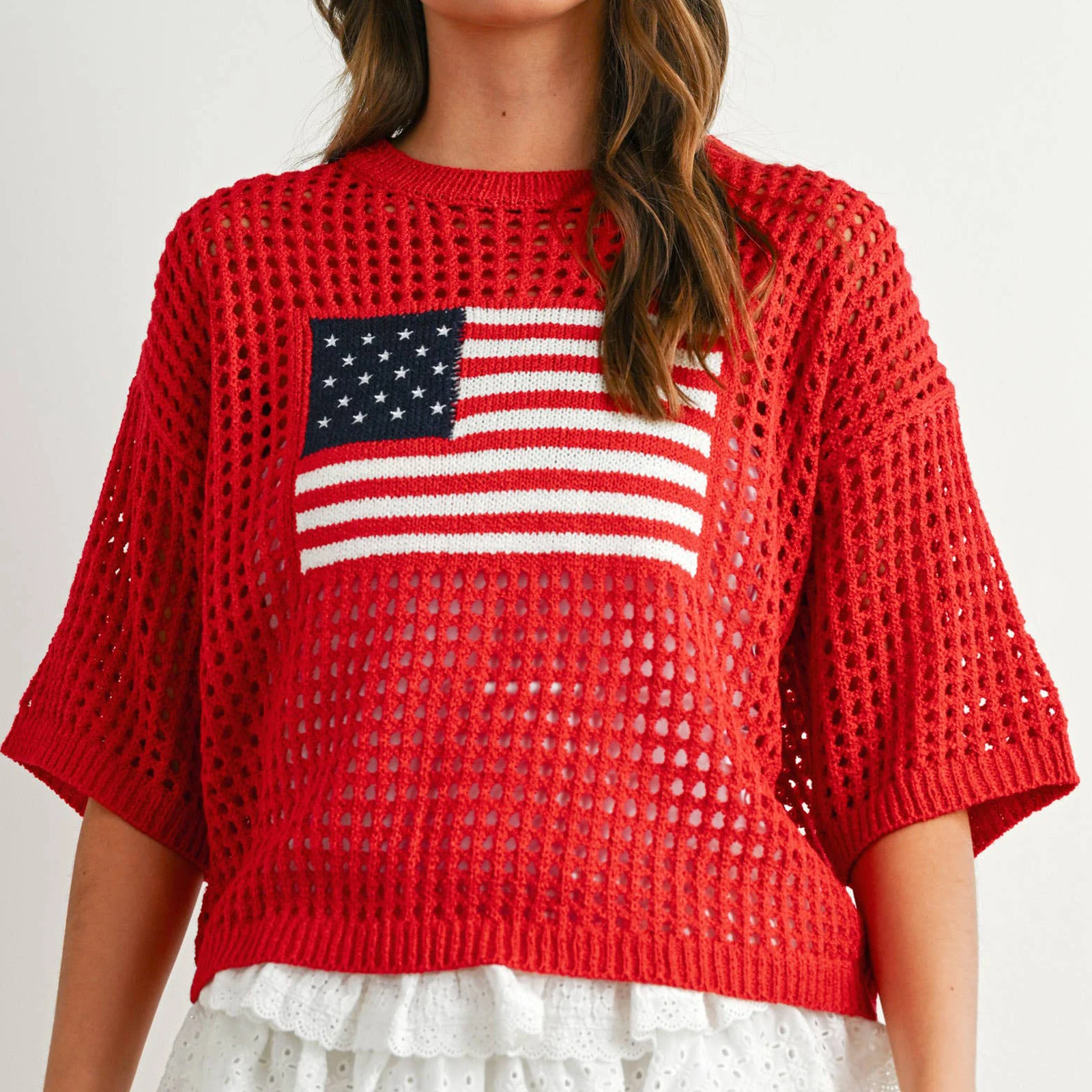 2026 Summer Women's Loose Fit Sweater Tops Ladies Casual Star Stripe Flag Crocheted Crew Neck Short-Sleeve Pullover Knit Tops