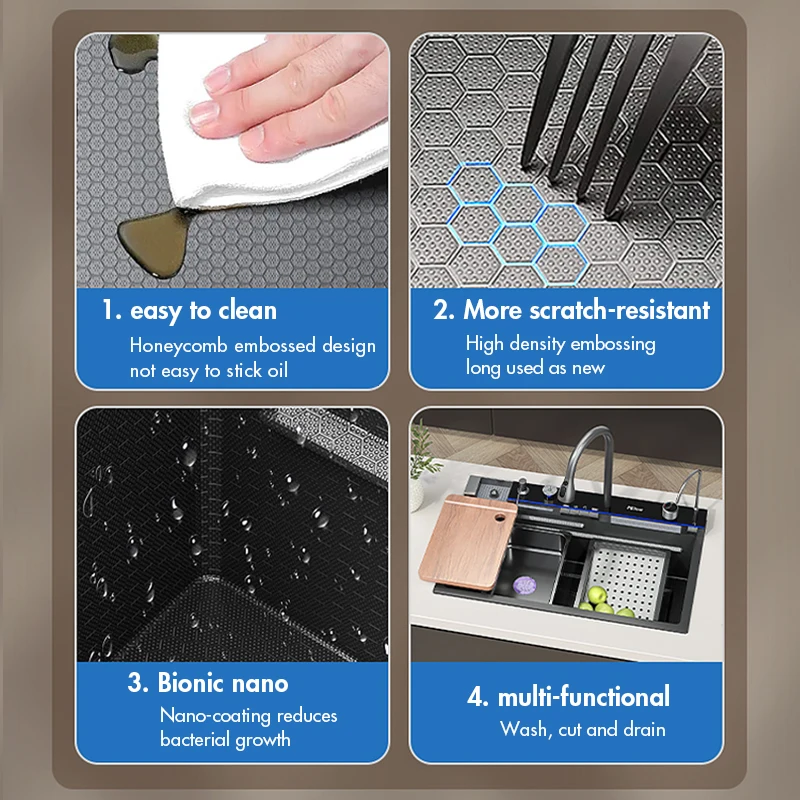 304 شلال من الفولاذ المقاوم للصدأ بالوعة المطبخ فتحة واحدة كبيرة متكاملة شاشة ديجيتال صنبور مجموعة موزع الصابون كأس غسالة